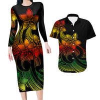 Polynesian Couple Outfits Plumeria Flowers Couples Bodycon Dress Hawaiian Shirt Polynesian Tribal Reggae Vibe LT9 - Wonder Print Shop