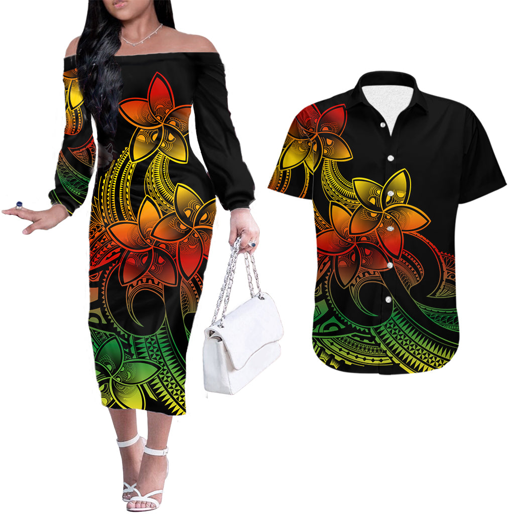 Polynesian Couple Outfits Plumeria Flowers Couples Long Sleeve Dress and Hawaiian Shirt Polynesian Tribal Reggae Vibe LT9 - Wonder Print Shop