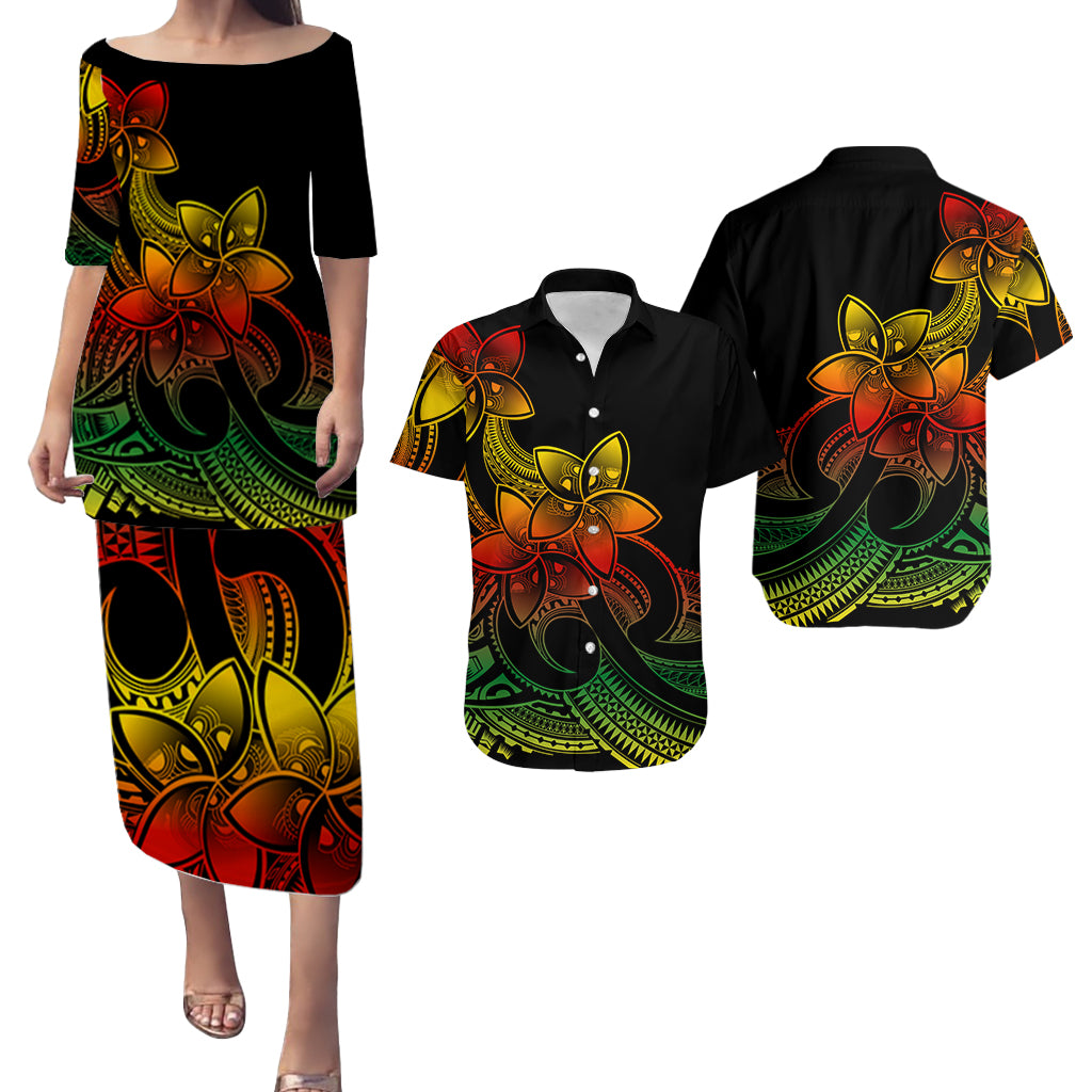 Polynesian Couple Outfits Plumeria Flowers Puletasi Dress and Hawaiian Shirt Polynesian Tribal Reggae Vibe LT9 - Wonder Print Shop