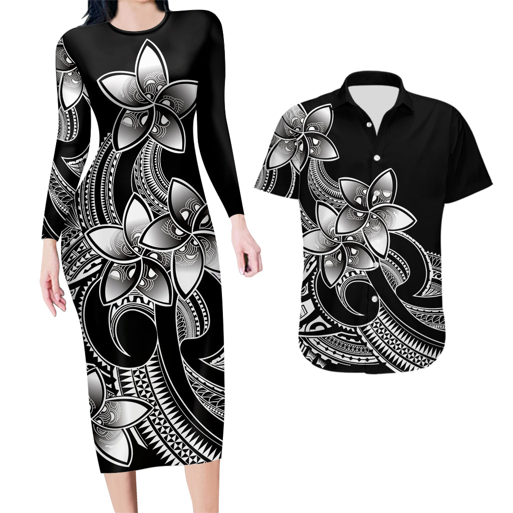 Polynesian Couple Outfits Plumeria Flowers Couples Bodycon Dress Hawaiian Shirt Polynesian Tribal White Vibe LT9 - Wonder Print Shop