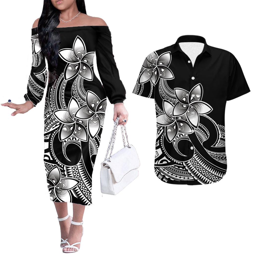 Polynesian Couple Outfits Plumeria Flowers Couples Long Sleeve Dress and Hawaiian Shirt Polynesian Tribal White Vibe LT9 - Wonder Print Shop