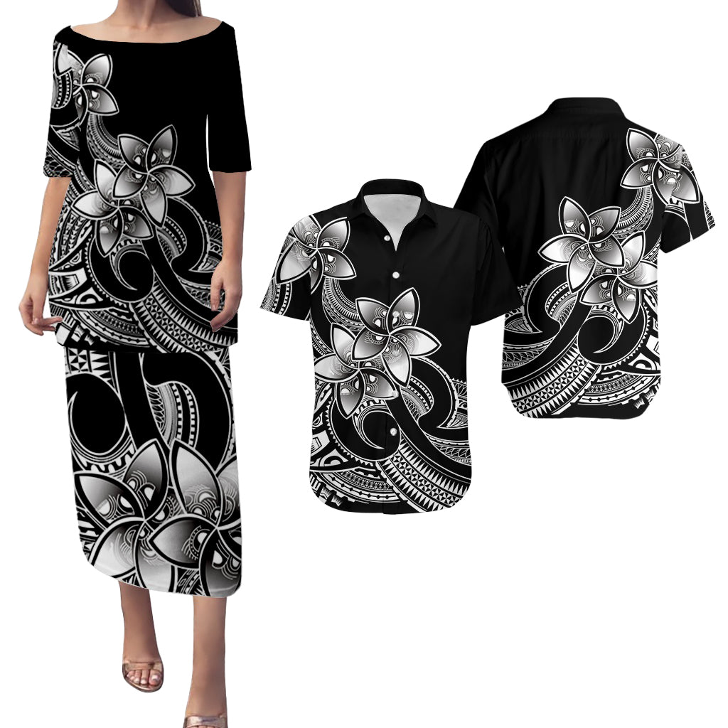Polynesian Couple Outfits Plumeria Flowers Puletasi Dress and Hawaiian Shirt Polynesian Tribal White Vibe LT9 - Wonder Print Shop