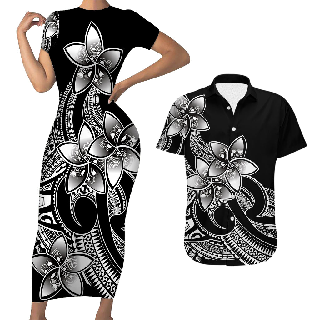 Polynesian Couple Outfits Plumeria Flowers Short Sleeve Body Long Dress and Hawaiian Shirt Polynesian Tribal White Vibe LT9 - Wonder Print Shop
