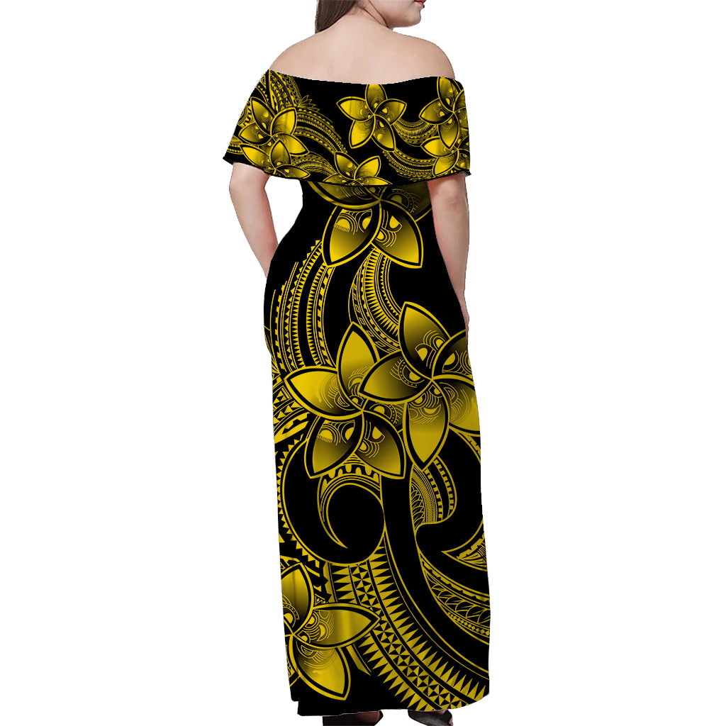 Polynesian Couple Outfits Plumeria Flowers Couples Long Dress and Hawaiian Shirt Polynesian Tribal Yellow Vibe LT9 - Wonder Print Shop