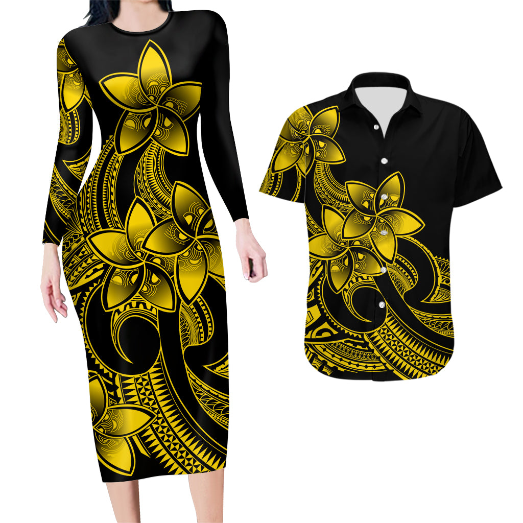 Polynesian Couple Outfits Plumeria Flowers Couples Bodycon Dress Hawaiian Shirt Polynesian Tribal Yellow Vibe LT9 - Wonder Print Shop
