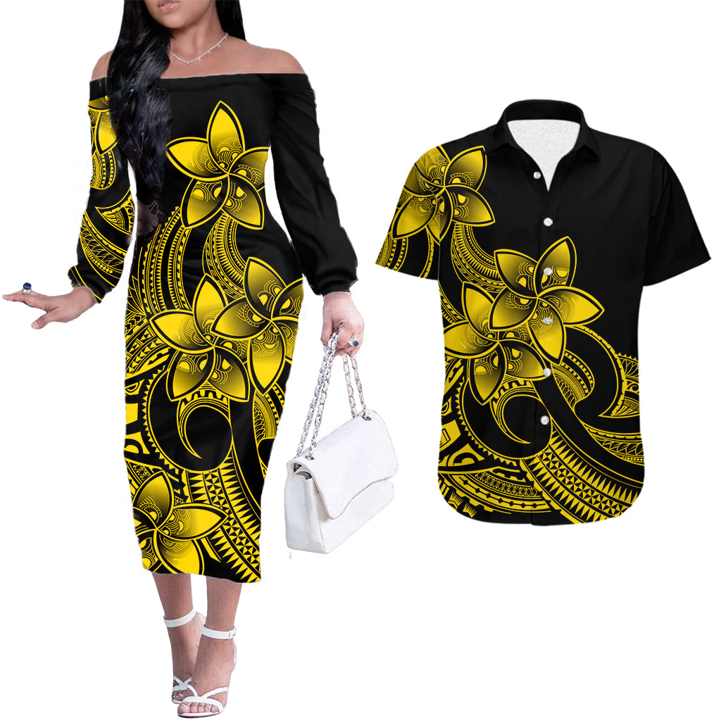 Polynesian Couple Outfits Plumeria Flowers Couples Long Sleeve Dress and Hawaiian Shirt Polynesian Tribal Yellow Vibe LT9 - Wonder Print Shop
