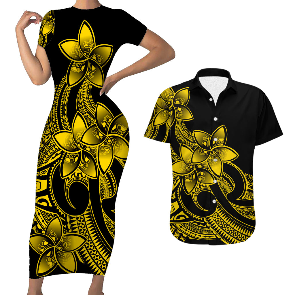 Polynesian Couple Outfits Plumeria Flowers Short Sleeve Body Long Dress and Hawaiian Shirt Polynesian Tribal Yellow Vibe LT9 - Wonder Print Shop