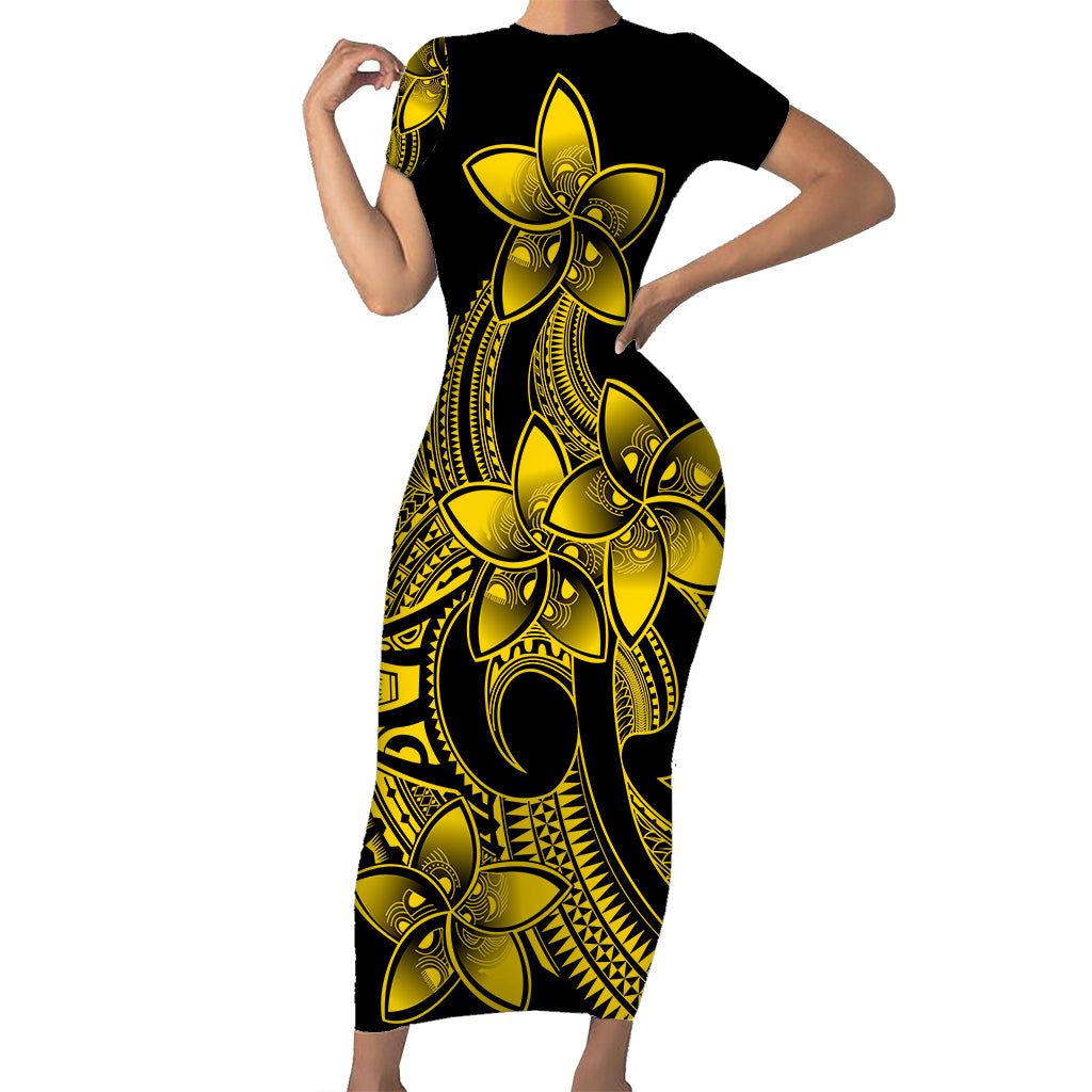 Polynesian Couple Outfits Plumeria Flowers Short Sleeve Body Long Dress and Hawaiian Shirt Polynesian Tribal Yellow Vibe LT9 - Wonder Print Shop