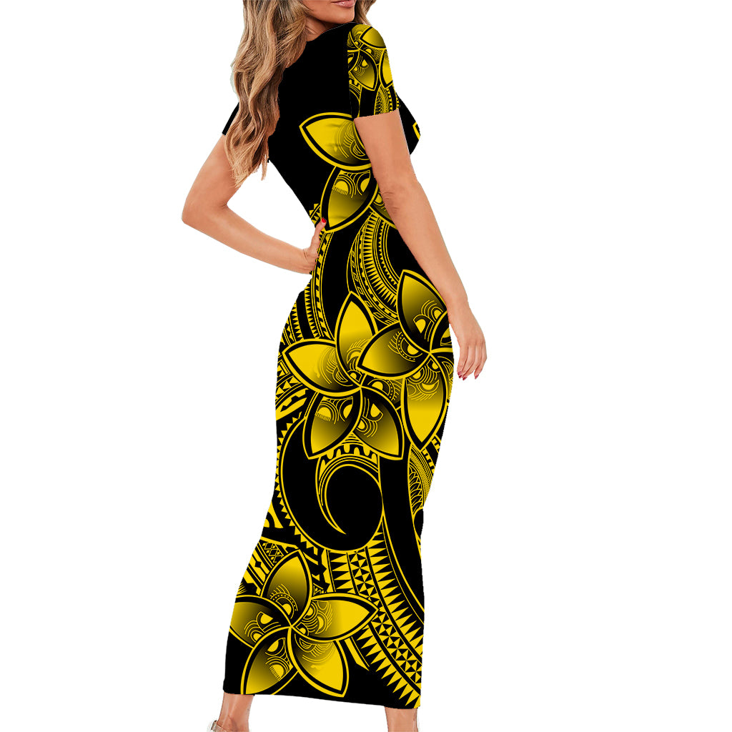 Polynesian Couple Outfits Plumeria Flowers Short Sleeve Body Long Dress and Hawaiian Shirt Polynesian Tribal Yellow Vibe LT9 - Wonder Print Shop