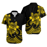 Polynesian Couple Outfits Plumeria Flowers Short Sleeve Body Long Dress and Hawaiian Shirt Polynesian Tribal Yellow Vibe LT9 - Wonder Print Shop
