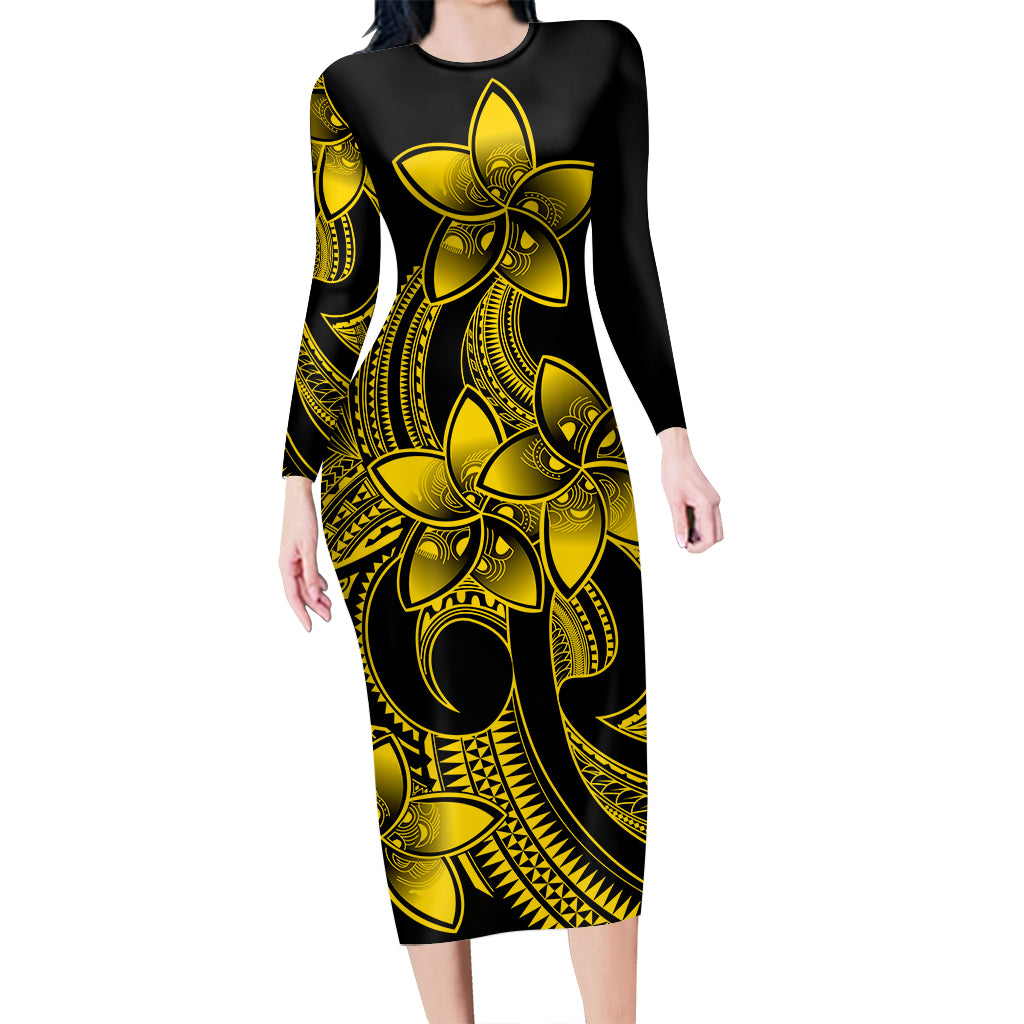 polynesian-pride-plumeria-flowers-long-sleeve-dress-polynesian-tribal-yellow-vibe