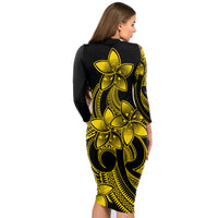 polynesian-pride-plumeria-flowers-long-sleeve-dress-polynesian-tribal-yellow-vibe