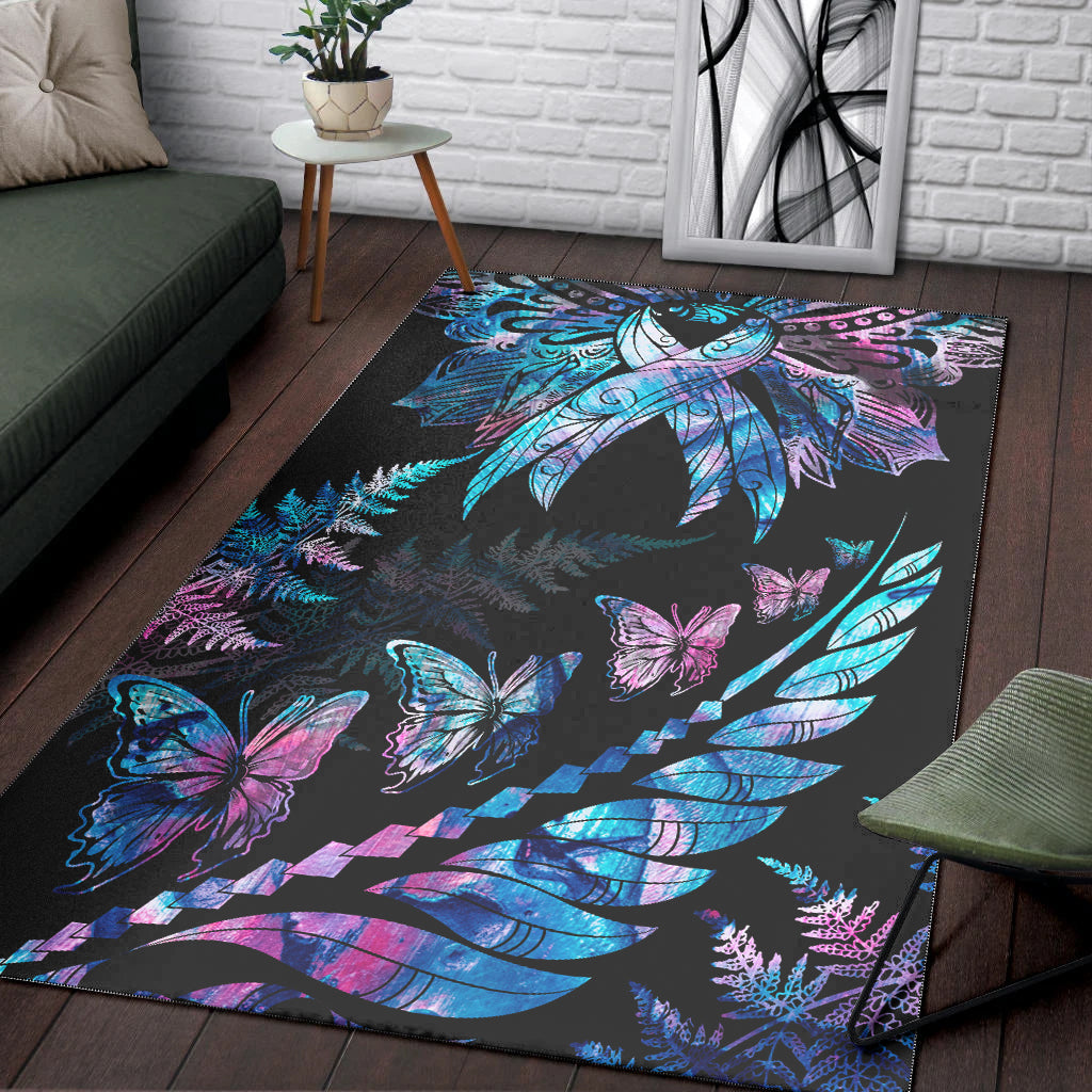 Polynesia Ribbon Butterflies Area Rug Silver Fern Breast Cancer With Papua Shell Pattern LT9 - Wonder Print Shop