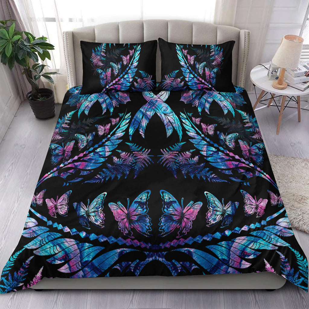 Polynesia Ribbon Butterflies Bedding Set Silver Fern Breast Cancer With Papua Shell Pattern LT9 - Wonder Print Shop
