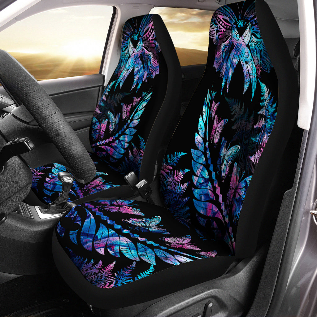 Polynesia Ribbon Butterflies Car Seat Cover Silver Fern Breast Cancer With Papua Shell Pattern LT9 - Wonder Print Shop