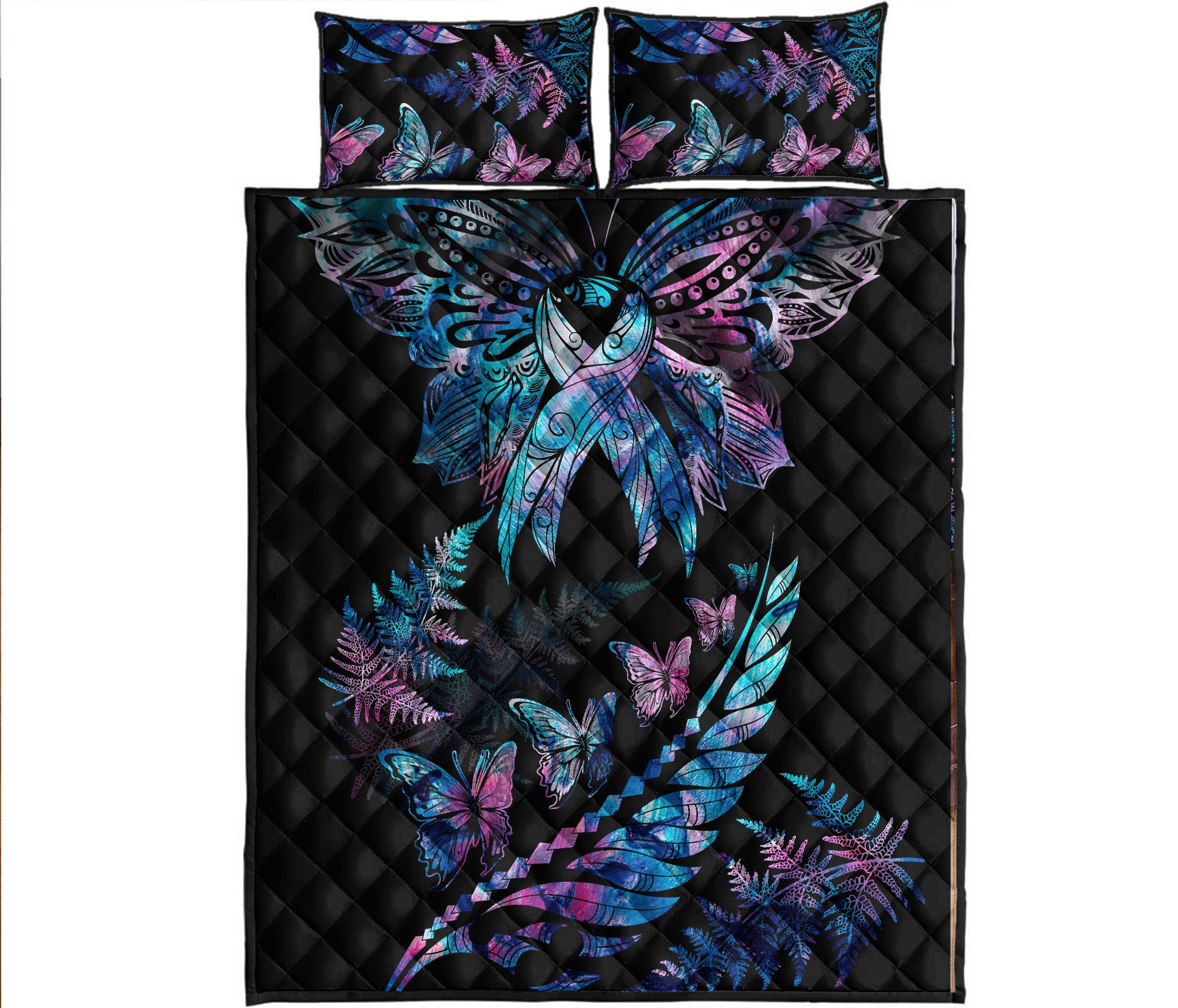 Polynesia Ribbon Butterflies Quilt Bed Set Silver Fern Breast Cancer With Papua Shell Pattern - Wonder Print Shop