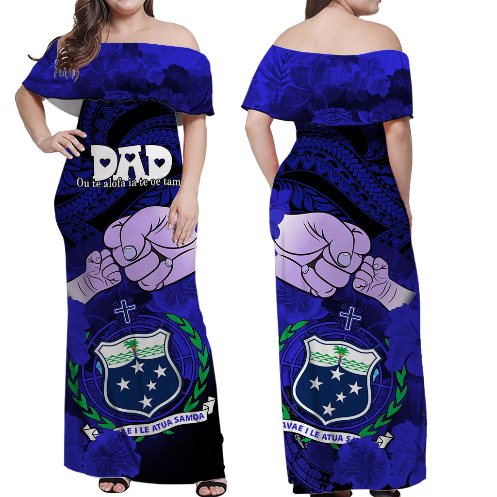 Samoa Matching Couple Outfit Fathers Day Polynesian Islands Couples Long Dress and Hawaiian Shirt Dad Ou Te Alofa Ia Te Oe Tama - Blue LT9 - Wonder Print Shop