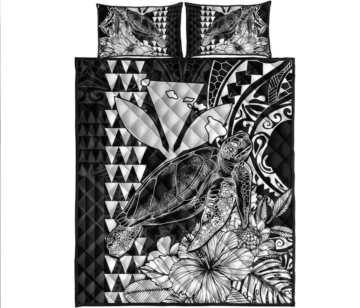 Hawaii Sea Turtle Quilt Bed Set Polynesia Kakau with Kanaka Maoli Black - Wonder Print Shop
