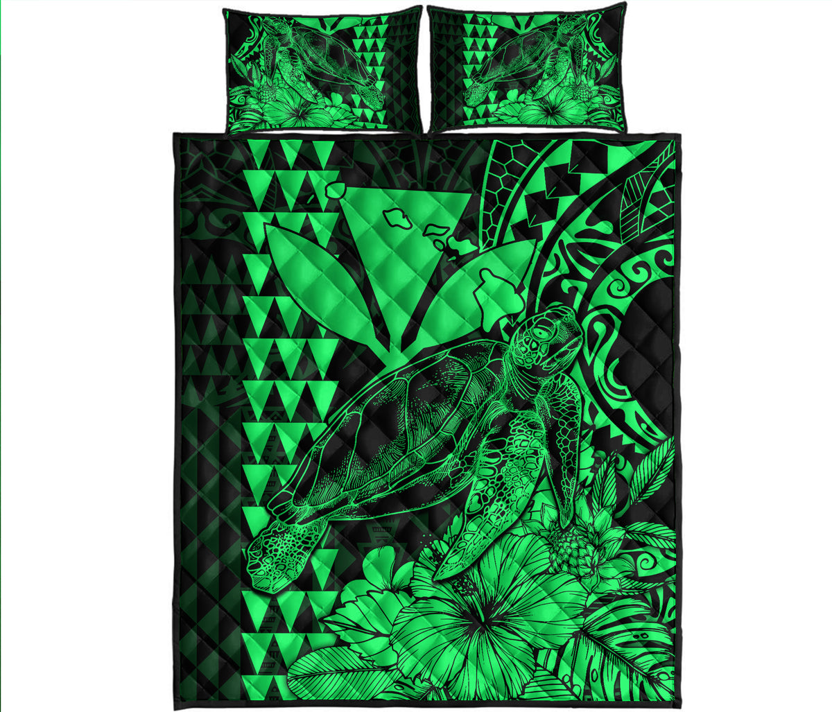 Hawaii Sea Turtle Quilt Bed Set Polynesia Kakau with Kanaka Maoli Green - Wonder Print Shop