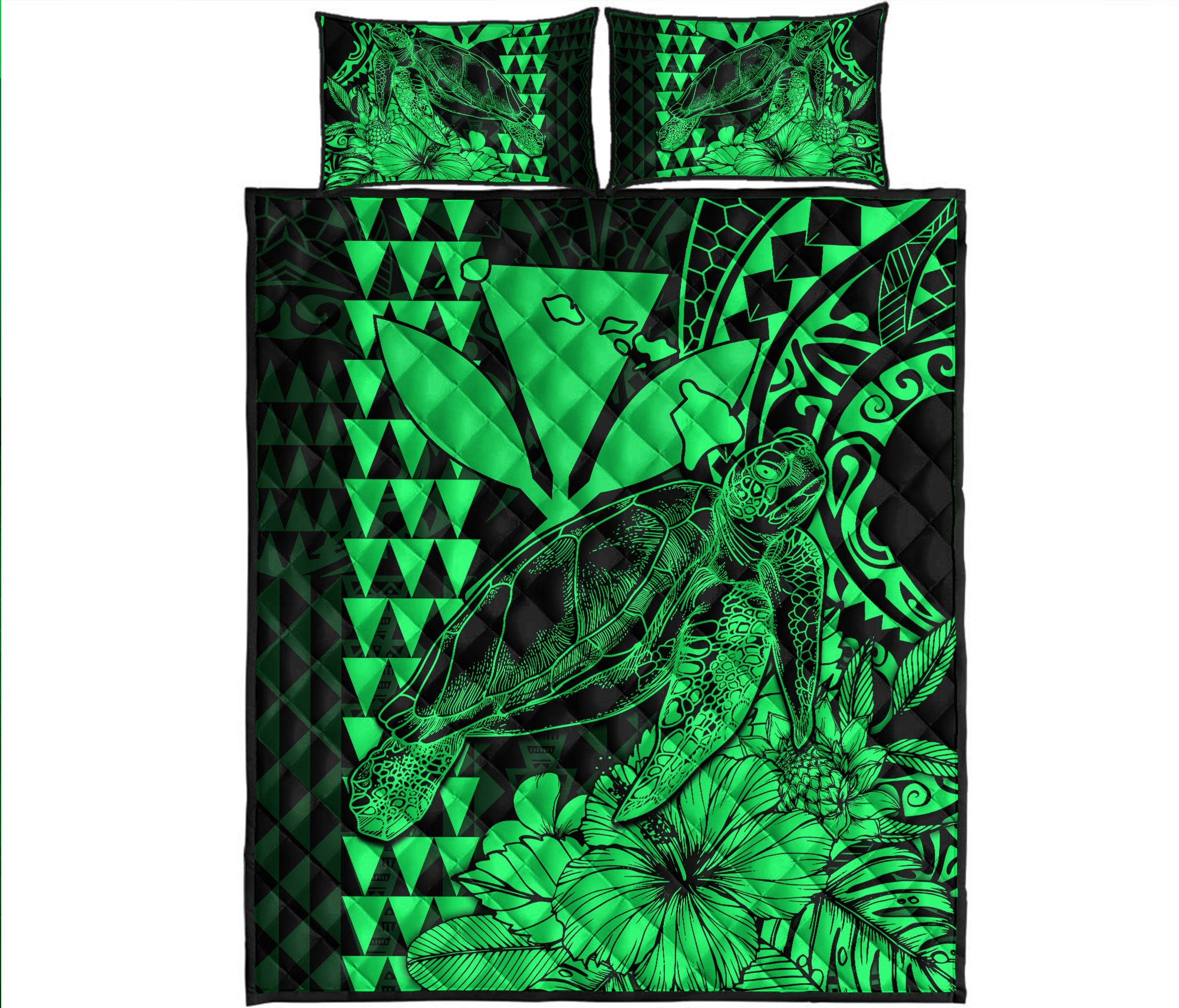 Hawaii Sea Turtle Quilt Bed Set Polynesia Kakau with Kanaka Maoli Green - Wonder Print Shop