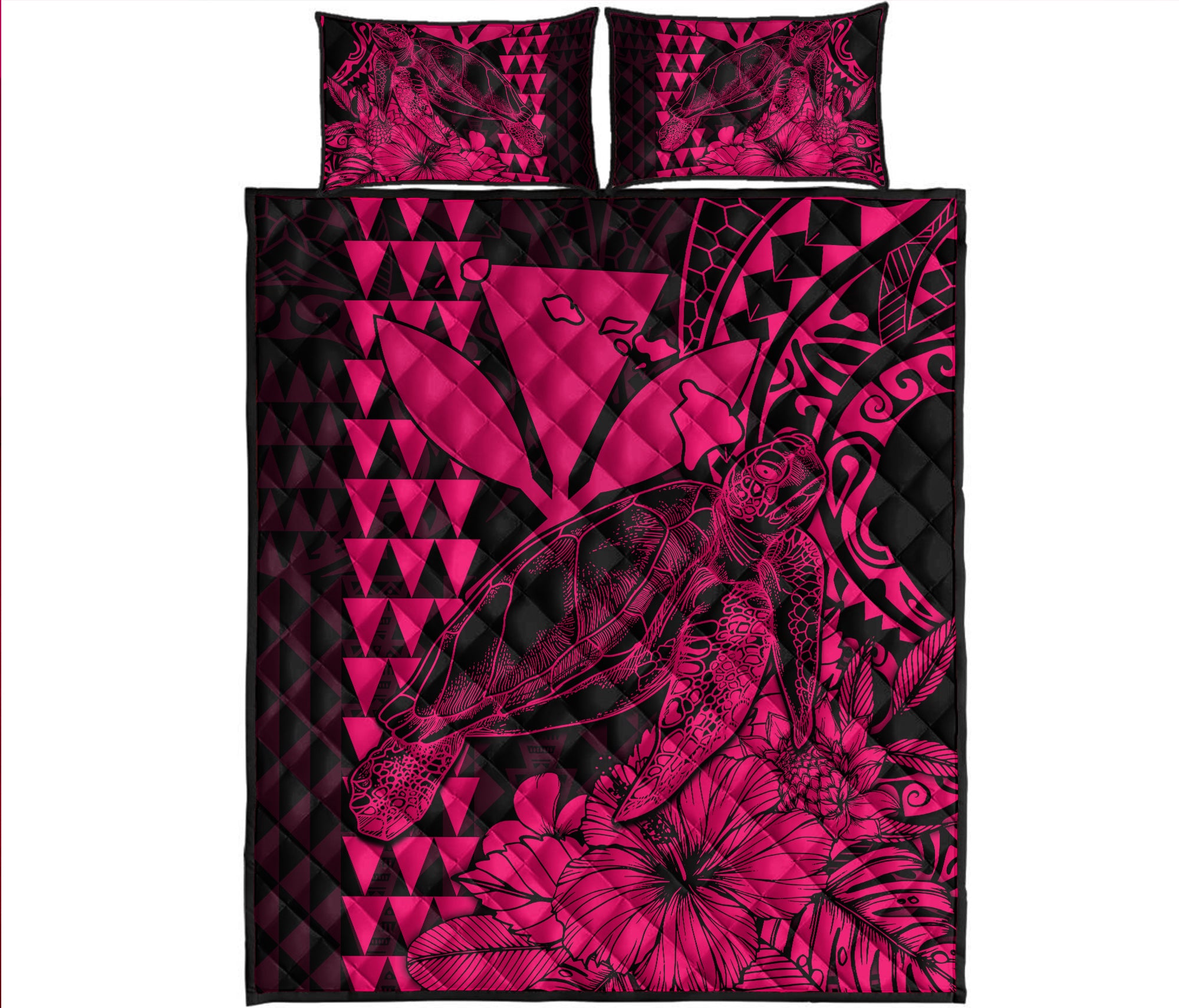 Hawaii Sea Turtle Quilt Bed Set Polynesia Kakau with Kanaka Maoli Pink - Wonder Print Shop