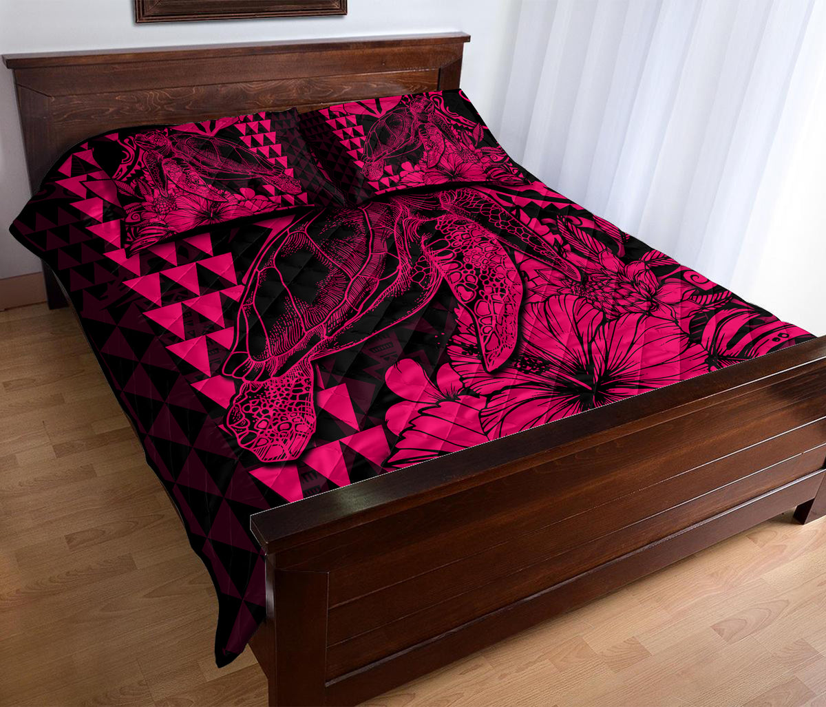Hawaii Sea Turtle Quilt Bed Set Polynesia Kakau with Kanaka Maoli Pink - Wonder Print Shop