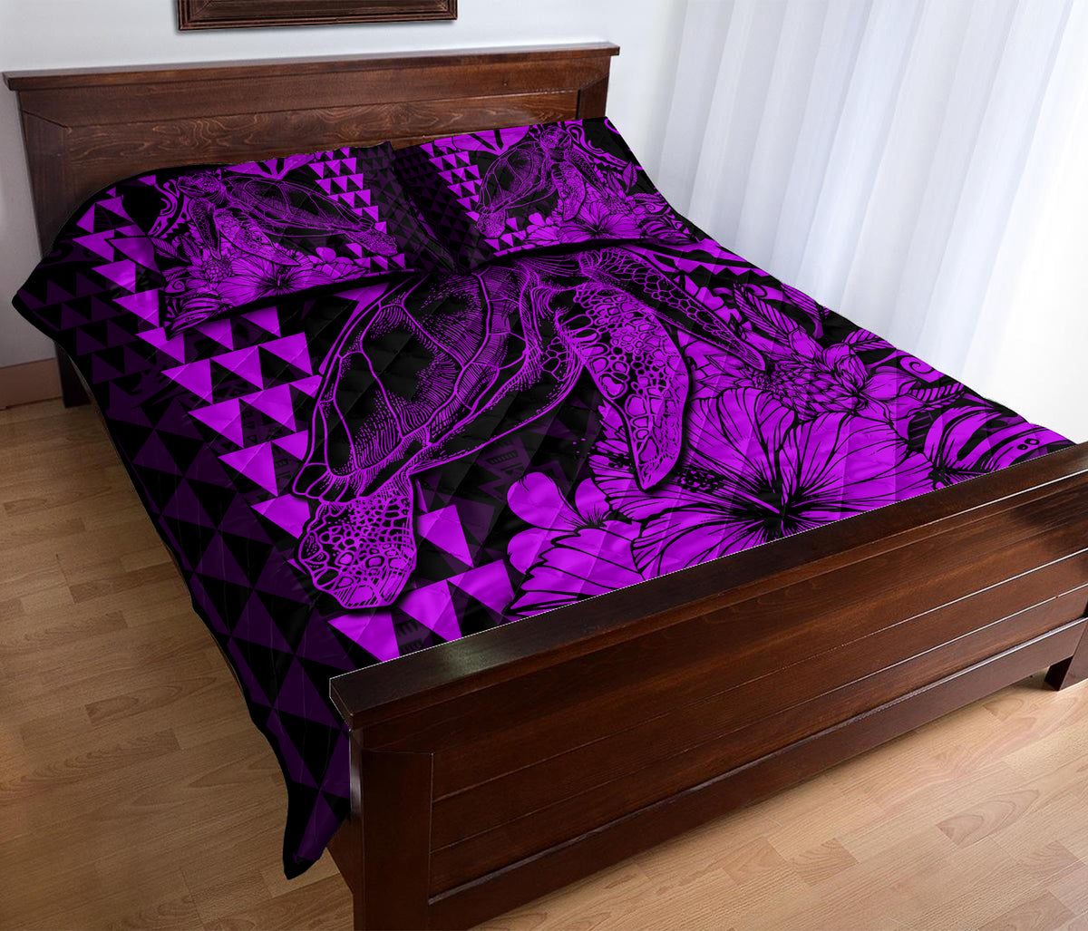 Hawaii Sea Turtle Quilt Bed Set Polynesia Kakau with Kanaka Maoli Purple - Wonder Print Shop