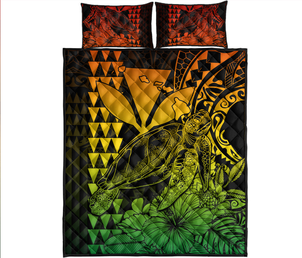 Hawaii Sea Turtle Quilt Bed Set Polynesia Kakau with Kanaka Maoli Reggae - Wonder Print Shop