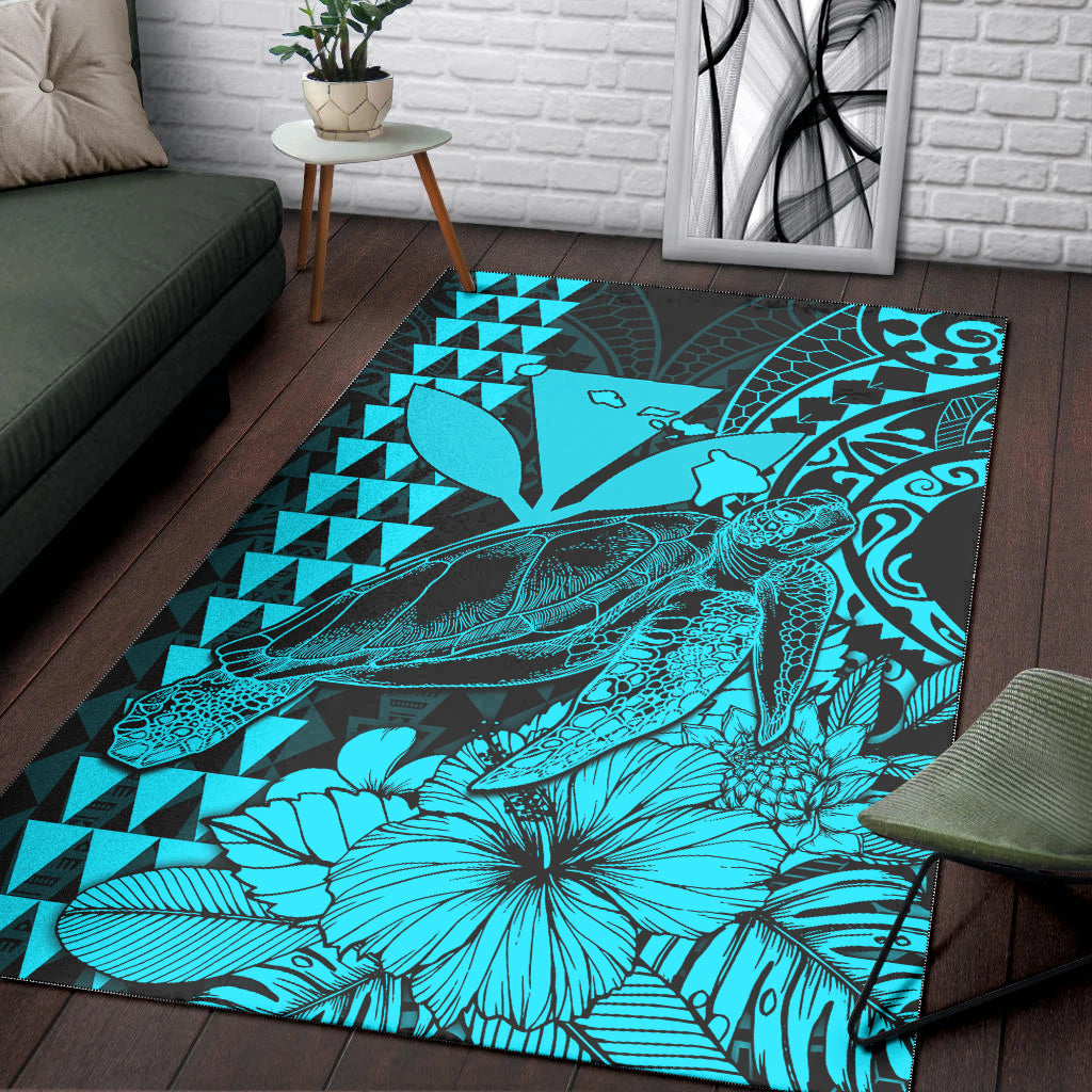 Hawaii Sea Turtle Area Rug Polynesia Kakau with Kanaka Maoli Teal LT9 - Wonder Print Shop