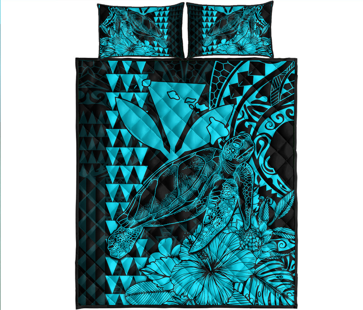 Hawaii Sea Turtle Quilt Bed Set Polynesia Kakau with Kanaka Maoli Teal - Wonder Print Shop