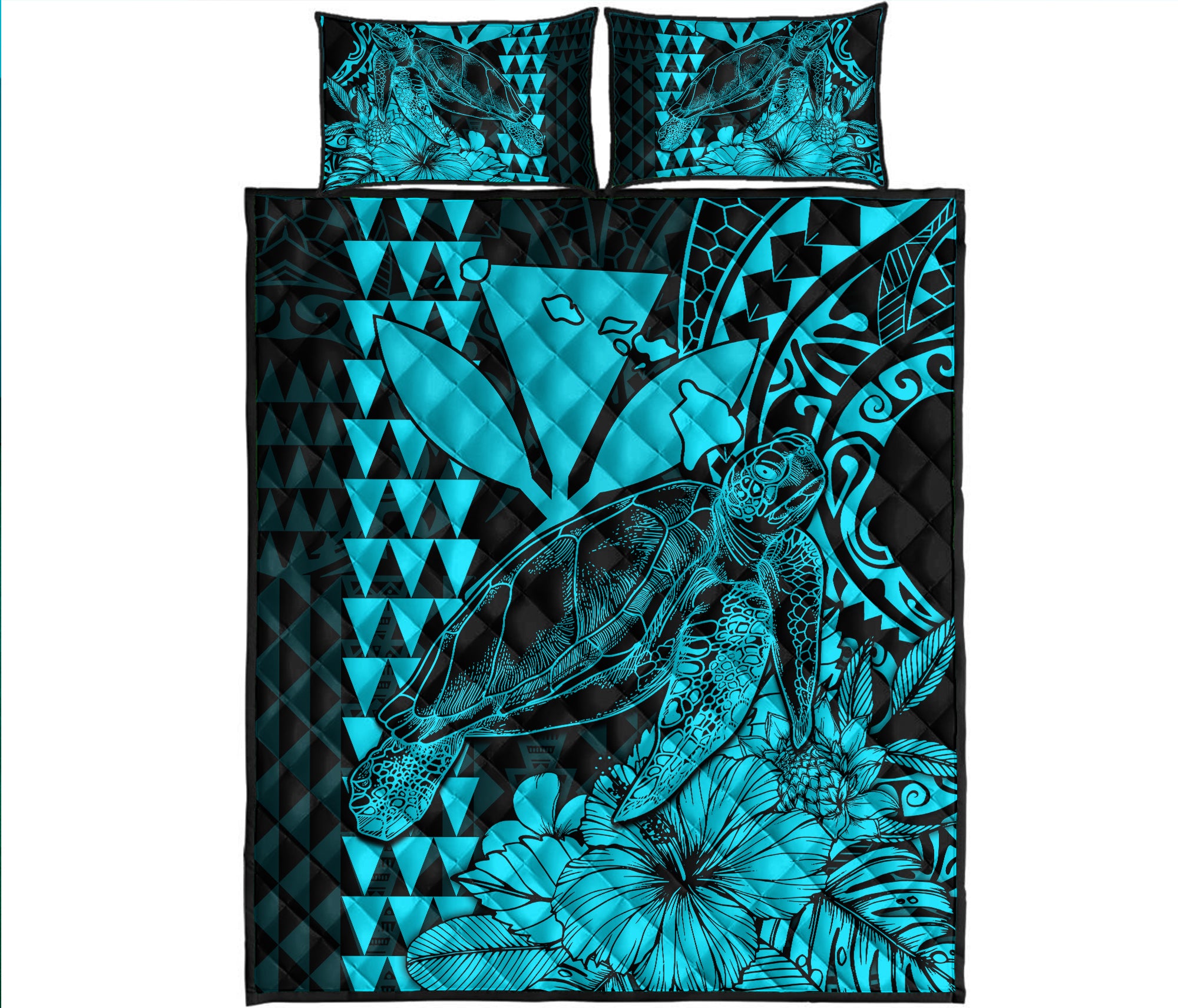 Hawaii Sea Turtle Quilt Bed Set Polynesia Kakau with Kanaka Maoli Teal - Wonder Print Shop
