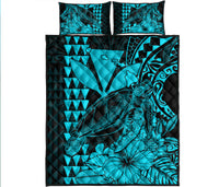 Hawaii Sea Turtle Quilt Bed Set Polynesia Kakau with Kanaka Maoli Teal - Wonder Print Shop