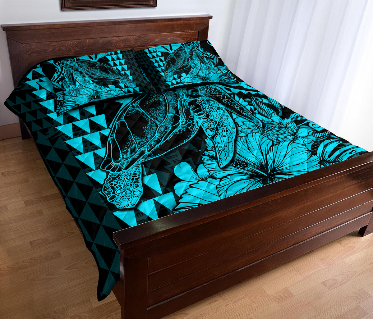 Hawaii Sea Turtle Quilt Bed Set Polynesia Kakau with Kanaka Maoli Teal - Wonder Print Shop