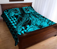 Hawaii Sea Turtle Quilt Bed Set Polynesia Kakau with Kanaka Maoli Teal - Wonder Print Shop