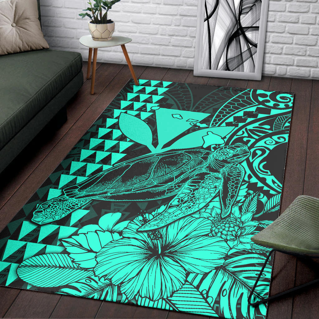 Hawaii Sea Turtle Area Rug Polynesia Kakau with Kanaka Maoli Turquoise LT9 - Wonder Print Shop