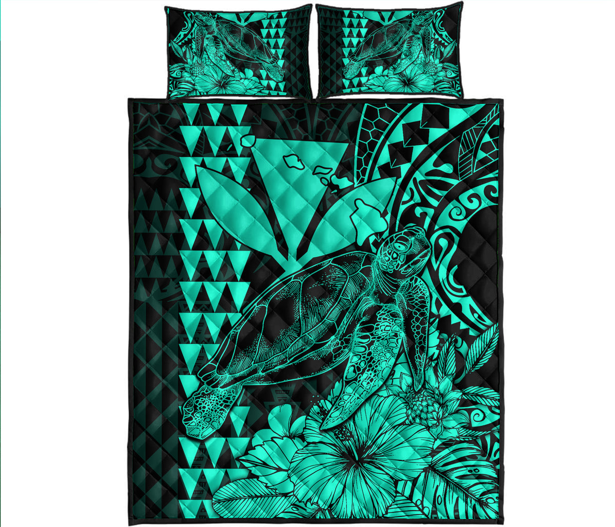 Hawaii Sea Turtle Quilt Bed Set Polynesia Kakau with Kanaka Maoli Turquoise - Wonder Print Shop