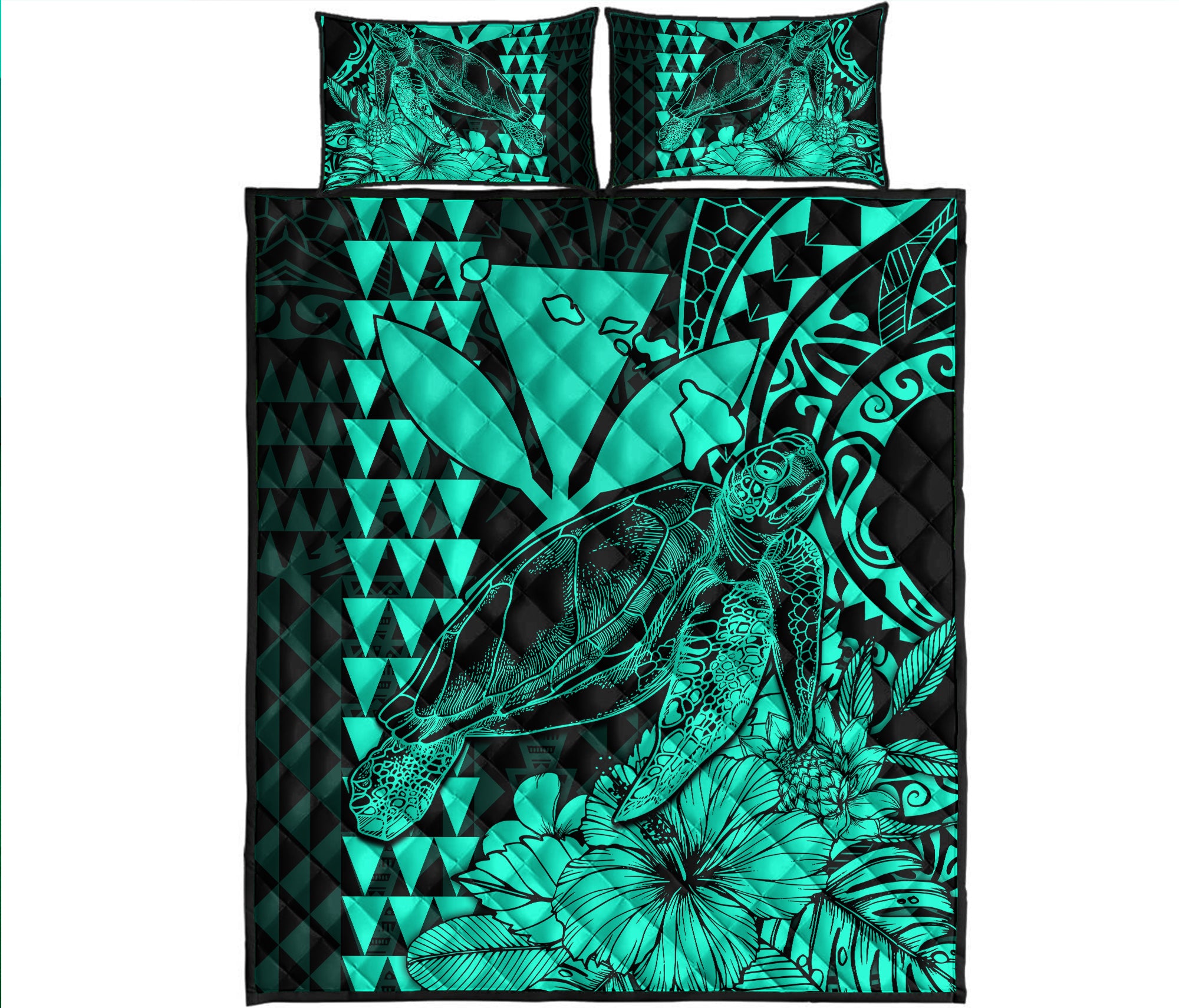 Hawaii Sea Turtle Quilt Bed Set Polynesia Kakau with Kanaka Maoli Turquoise - Wonder Print Shop
