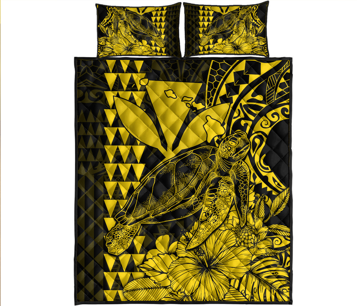 Hawaii Sea Turtle Quilt Bed Set Polynesia Kakau with Kanaka Maoli Yellow - Wonder Print Shop