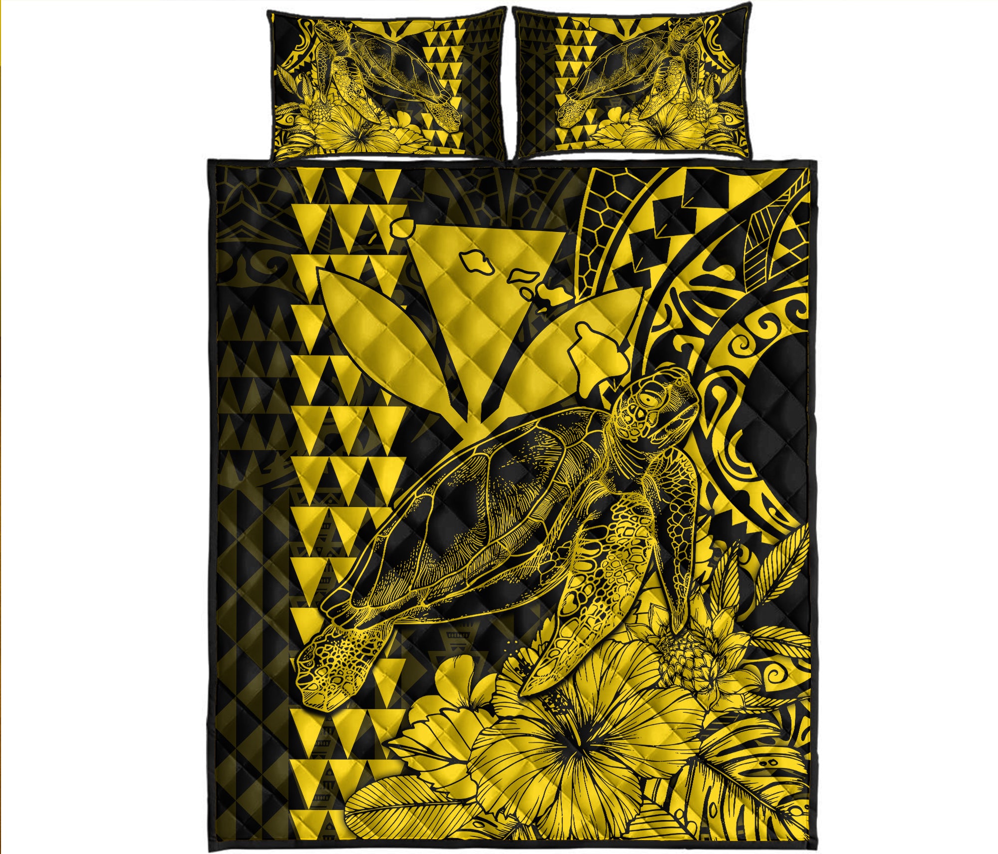 Hawaii Sea Turtle Quilt Bed Set Polynesia Kakau with Kanaka Maoli Yellow - Wonder Print Shop