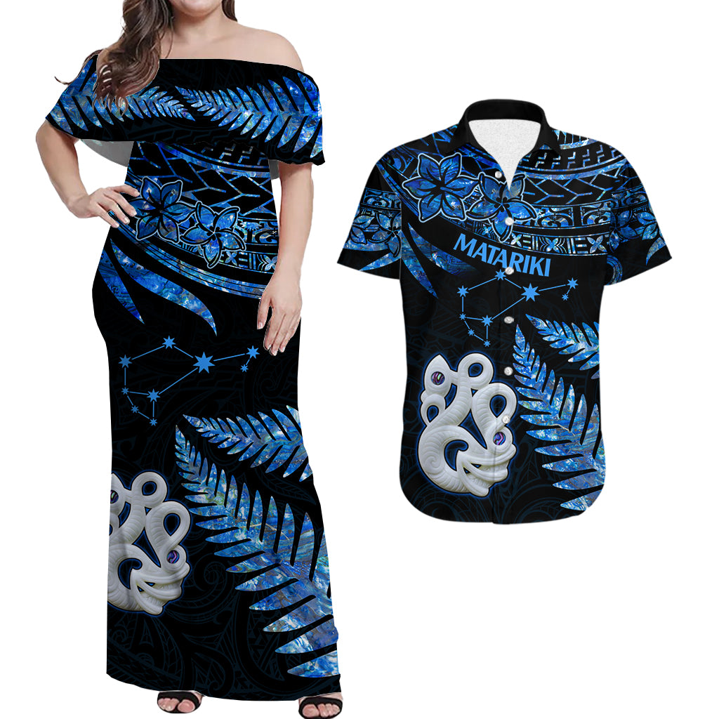 Matching Outfits For Couples Maori Couples Long Dress and Hawaiian Shirt Matariki Stars Manaia with Paua Shell - Blue LT9 - Wonder Print Shop