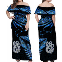 Matching Outfits For Couples Maori Couples Long Dress and Hawaiian Shirt Matariki Stars Manaia with Paua Shell - Aqua LT9 - Wonder Print Shop
