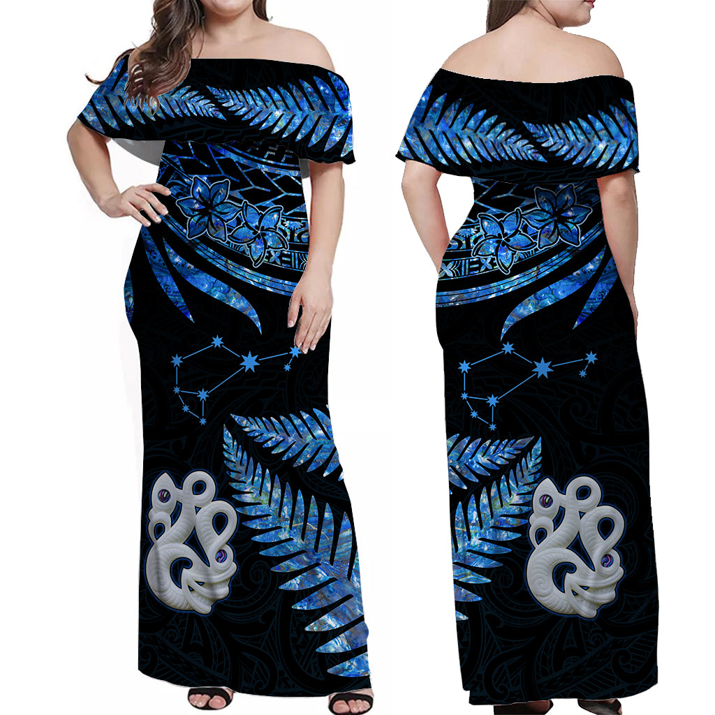 Matching Outfits For Couples Maori Couples Long Dress and Hawaiian Shirt Matariki Stars Manaia with Paua Shell - Blue LT9 - Wonder Print Shop