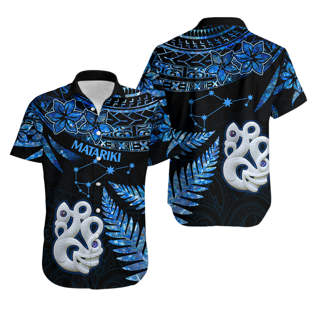 Matching Outfits For Couples Maori Couples Long Dress and Hawaiian Shirt Matariki Stars Manaia with Paua Shell - Blue LT9 - Wonder Print Shop
