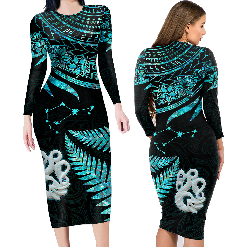 Couples Matching Hawaiian Outfits Matariki New Zealand Couples Bodycon Dress Hawaiian Shirt Manaia with Paua Shell - Blue LT9 - Wonder Print Shop