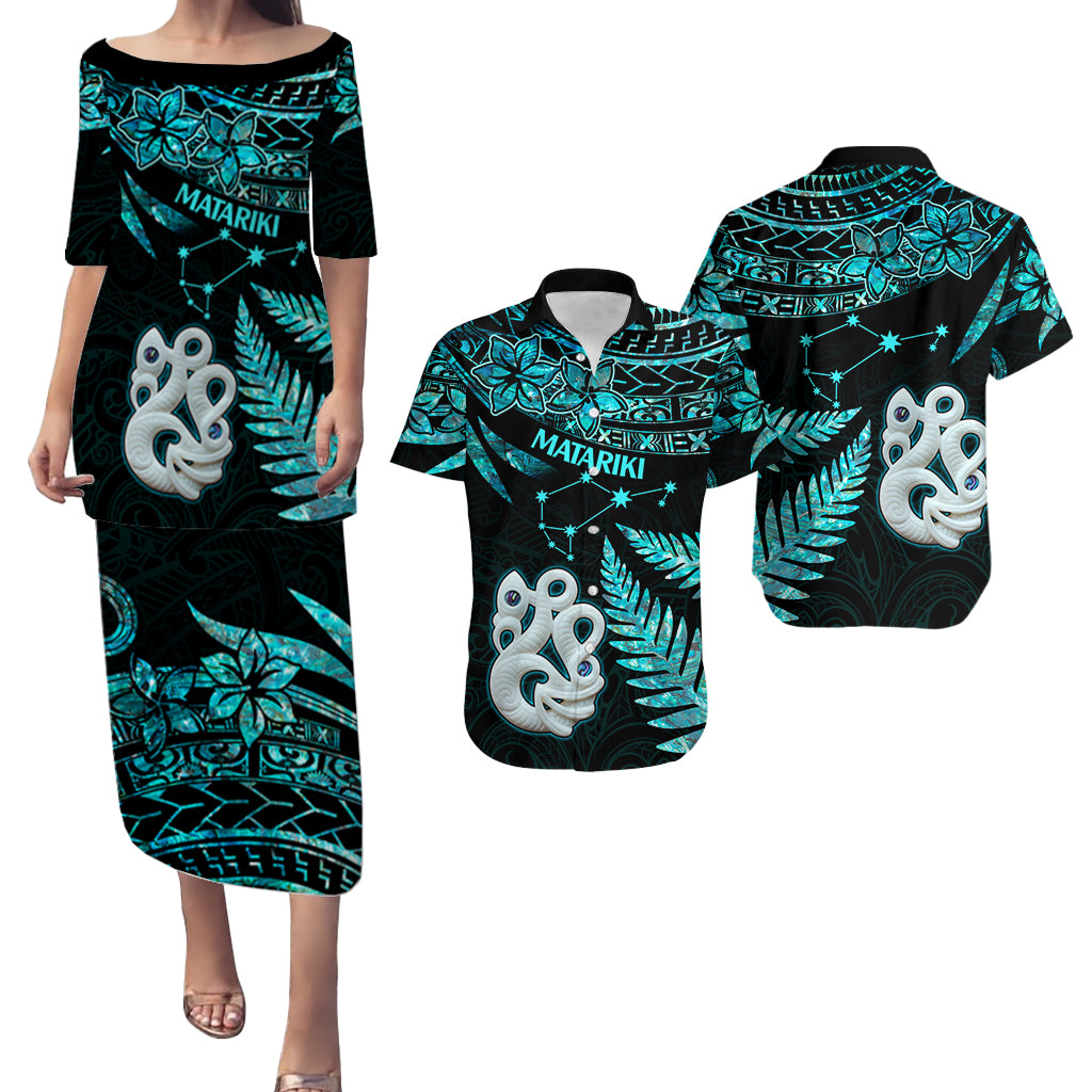 Couples Matching Hawaiian Outfits Matariki New Zealand Puletasi Dress and Hawaiian Shirt Manaia with Paua Shell - Aqua LT9 - Wonder Print Shop