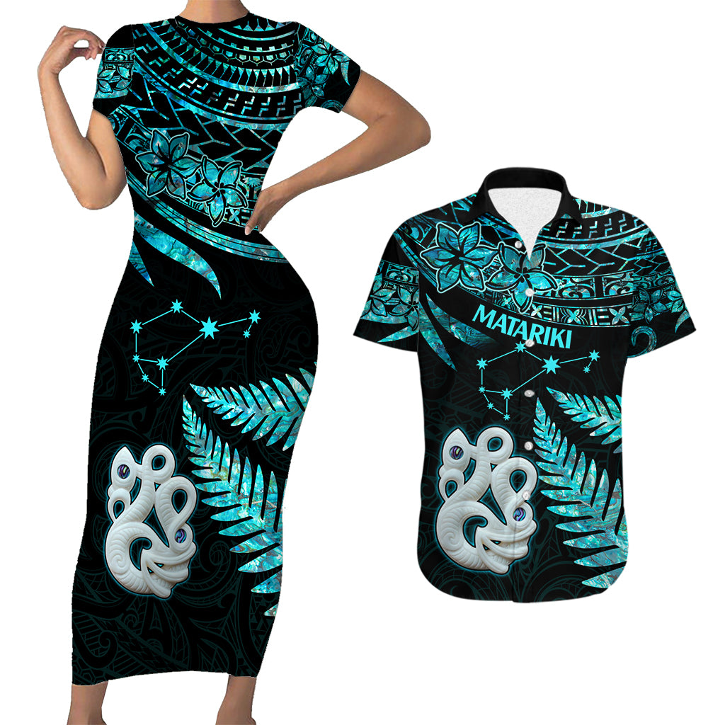 Matching Outfits For Couples Maori Short Sleeve Body Long Dress and Hawaiian Shirt Matariki Stars Manaia with Paua Shell - Aqua LT9 - Wonder Print Shop
