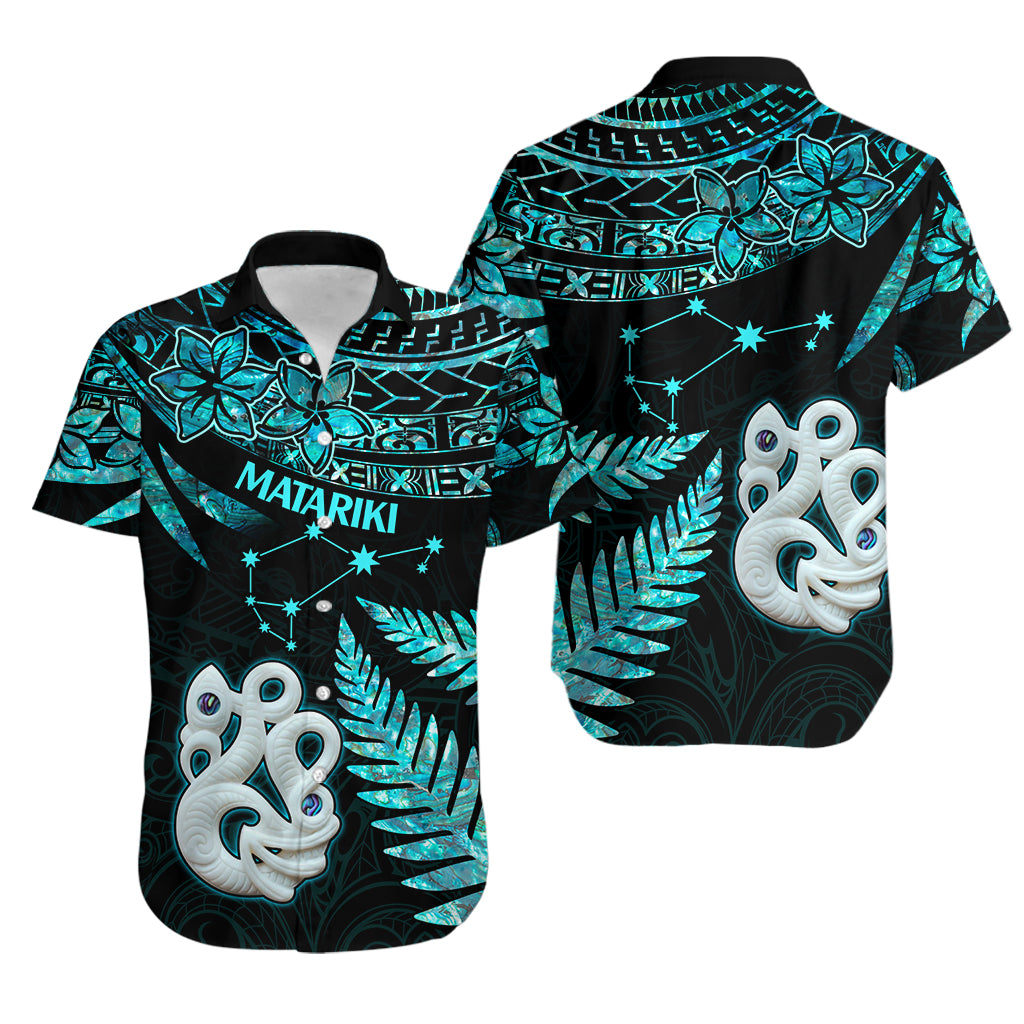 Matching Outfits For Couples Maori Short Sleeve Body Long Dress and Hawaiian Shirt Matariki Stars Manaia with Paua Shell - Aqua LT9 - Wonder Print Shop