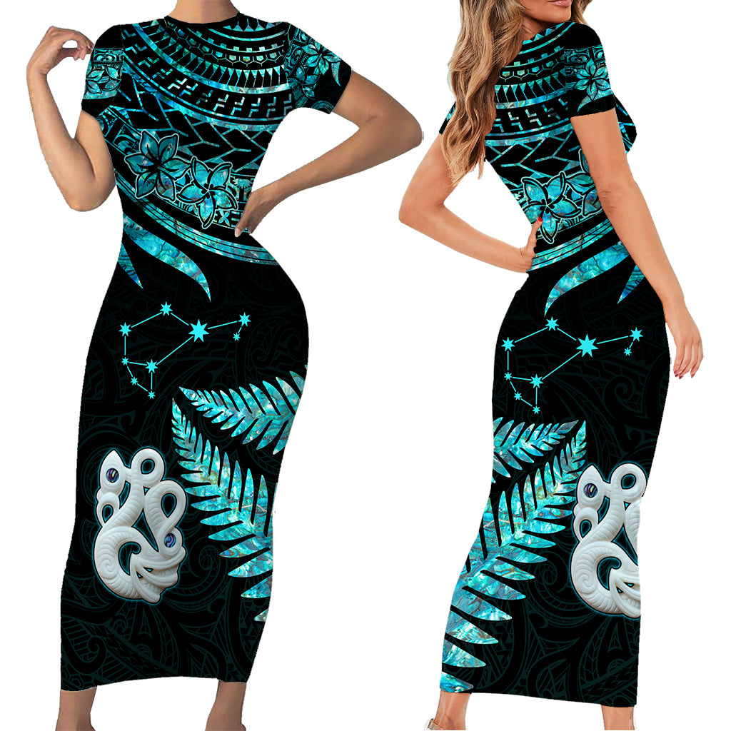 Matching Outfits For Couples Maori Short Sleeve Body Long Dress and Hawaiian Shirt Matariki Stars Manaia with Paua Shell - Aqua LT9 - Wonder Print Shop