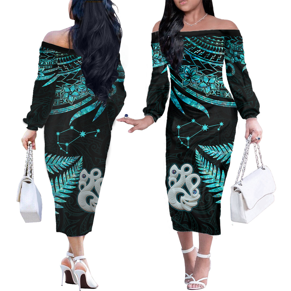 Matariki New Zealand Long Sleeve Dress Manaia with Paua Shell - Aqua LT9