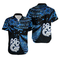 Couples Matching Hawaiian Outfits Matariki New Zealand Puletasi Dress and Hawaiian Shirt Manaia with Paua Shell - Blue LT9 - Wonder Print Shop